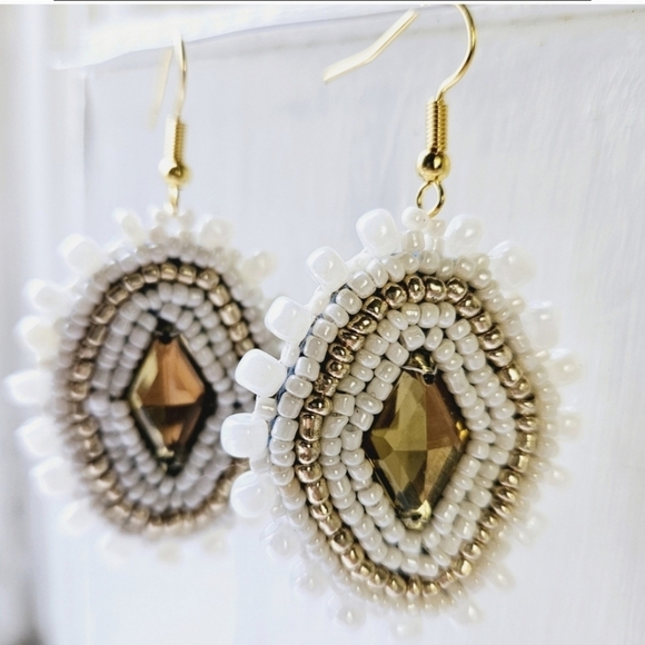 2/$27 | White + Gold Beaded Bohemian Indigenous Native Hoop Earrings | Handmade - Picture 2 of 8